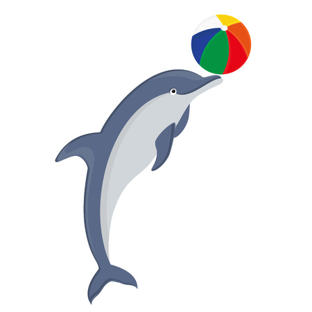 Vector illustration jumping dolphin playing with ball isolated on white background. Dolphin icon. Beach summer ball. Sea creatureのイラスト素材