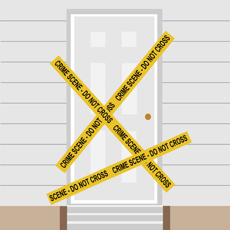 Vector illustration yellow police crime scene danger tape. Do not cross. Police tape across closed doorのイラスト素材