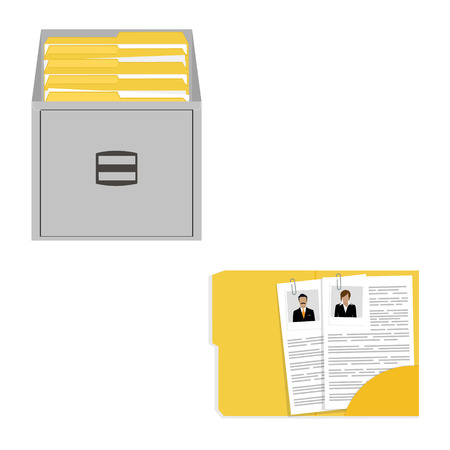 Vector illustration opened card catalog with file folders. Office furniture. Metal filing cabinet. Documents in folder.のイラスト素材