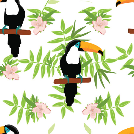 Vector illustration seamless pattern with tropical, exotic bird toucan and flowers, leaves.のイラスト素材