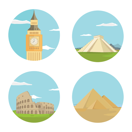 World landmarks flat icon set. Vector travel app web site monument sign. Egypt pyramid, Colosseum, Big Ben and Chichen itzaのイラスト素材