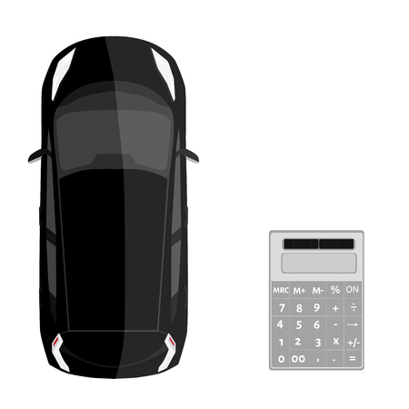 Vector illustration car loan concept. Black car top view and calculator. Car rental or sale concept.のイラスト素材