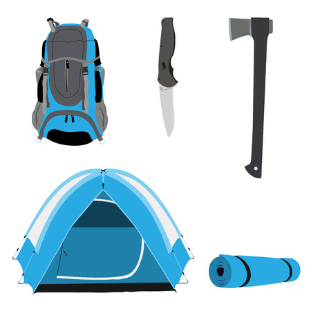 Camping equipment blue camping tent, travel backpack, knife and axe with black handle vector illustration. Camping gear icon setのイラスト素材