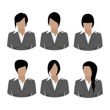 Avatar icon set. Vector illustrations of beautiful young girls, business woman with various hair style. Collection of female hair style. Woman in grey suitのイラスト素材