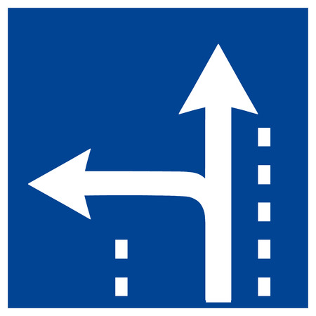 Vector illustration blue square traffic sign isolated on white background. Road sign arrow ahead go straight or left.のイラスト素材