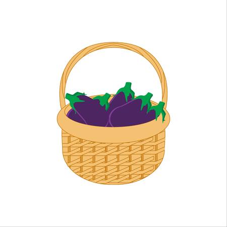Vector illustration wicker basket icon, symbol isolated on white background. Wicker basket full with vegetables- eggplantsのイラスト素材