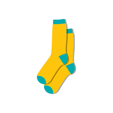 Vector illustration flat design colorful socks isolated on white background. Textile warm clothes socks pair cute decoration wool winter clothing. Sport season collection.のイラスト素材