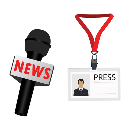Raster illustration flat design name tag badge template. White plastic lanyard badge with man photo for press and journalist microphoneの写真素材