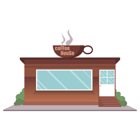 Vector illustration cartoon cafe shop icon. Street local cafeteria building. European bar front facade. Coffee house exterior.のイラスト素材
