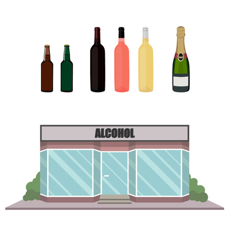 Collection of alcohol bottles and local wine bar shop.のイラスト素材