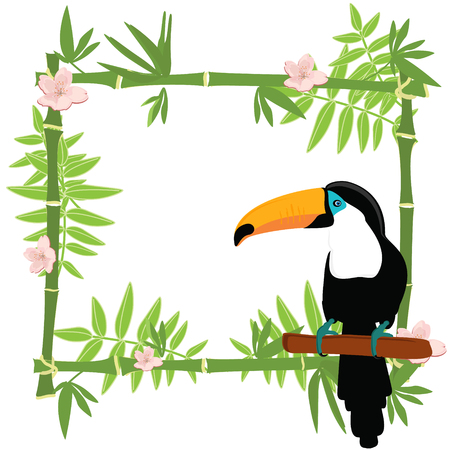 Raster illustration tropical island frame, border, poster with exotic flowers, plants and birds. Bamboo frame. Toucanの写真素材