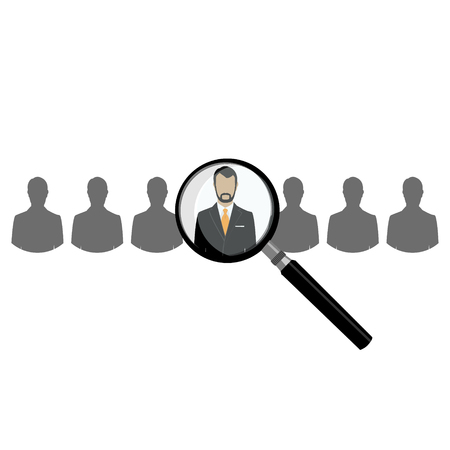 HR with magnifier looking for worker in crowd. A magnifying glass finds, selects or inspects a person in a line of people. Search choose for employment, recognition, promotion, hireの写真素材
