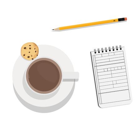 Vector illustration chocolate chip cookies on the plate and cup of coffee. Top view. Flat style.のイラスト素材