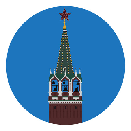 Raster illustration Spasskaya tower of Kremlin in Moscow. Kremlin tower with clock in Moscow flat iconの写真素材