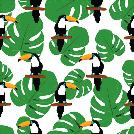 Print summer exotic jungle plant tropical palm leaves and toucan bird. Pattern,  floral raster. Nature wallpaper.の写真素材