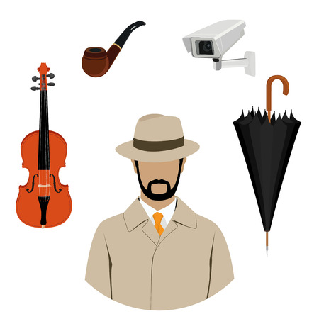 Raster illustration detective, spy avatar icon. Detective character with equipment. Investigator in hat, overcoat.の写真素材