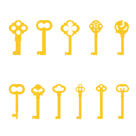 Vector illustration set, collection of golden old key silhouette. Vintage key icon. Ornamental, medieval, ancient keyのイラスト素材