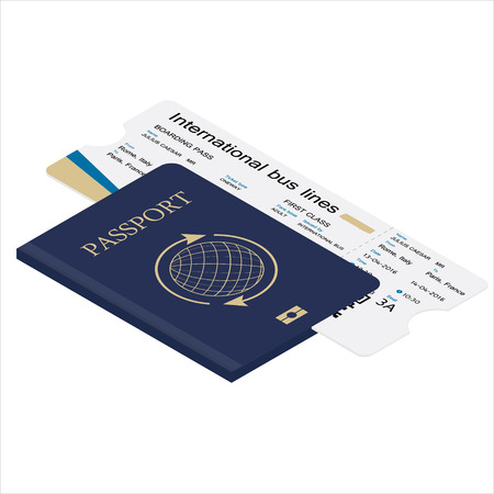 Isometric 3d passport and boarding pass vector illustration. Bus ticket. Identification documentのイラスト素材