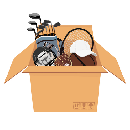 Vector illustration isometric perspective 3d cardboard box with sport equipmentのイラスト素材