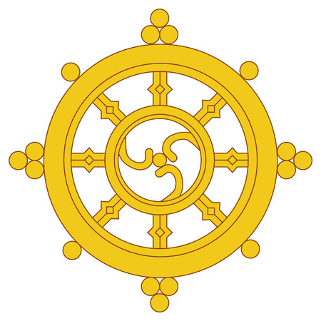 Raster illustration golden Dharma wheel. Buddhism raster symbol. Dharmachakra.の写真素材