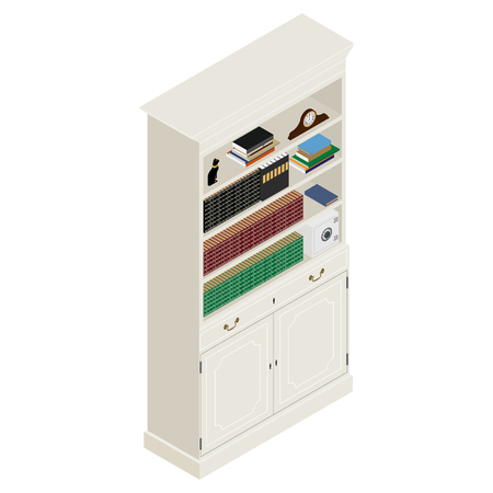 Raster illustration isometric white vintage cabinet. Retro interior furniture. Bookshelfの写真素材