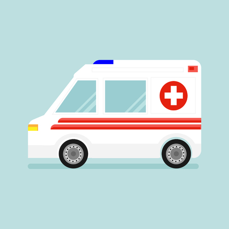 Raster illustration ambulance car isolated  on blue background. White car with red stripes, cross and siren. Emergency medical service vehicle. Hospital transport.の写真素材
