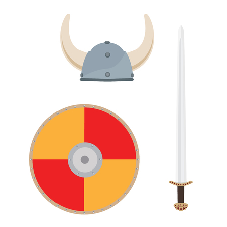 Raster illustration viking medieval hat, sword and orange shield isolated on white background. Scandinavian, norseman weapon and armor icon set, collectionの写真素材