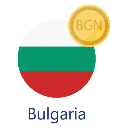 Vector illustration Bulgarian round flag and currency symbols BGN. Bulgarian Lev. Bulgariaのイラスト素材