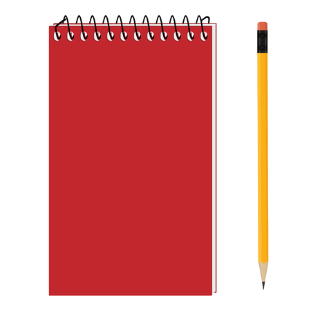 Vector illustration of red spiral notepad with pencil. Closed notebook.のイラスト素材
