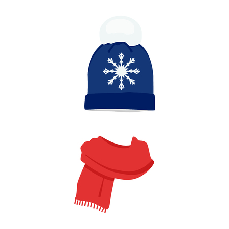 Vector illustration winter hat cap with snowflake and pompom red scarf flat designのイラスト素材