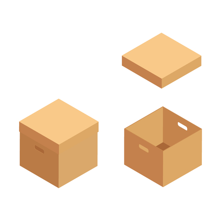 Vector illustration collection, set recycle brown box packaging. Cardboard box mockup set. Realistic illustration of 10 cardboard box mockups for web. Brown delivery icon setのイラスト素材