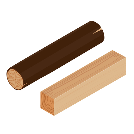 Vector icon of isometric wooden log firewood and lumber beam plank isolated on white background.のイラスト素材