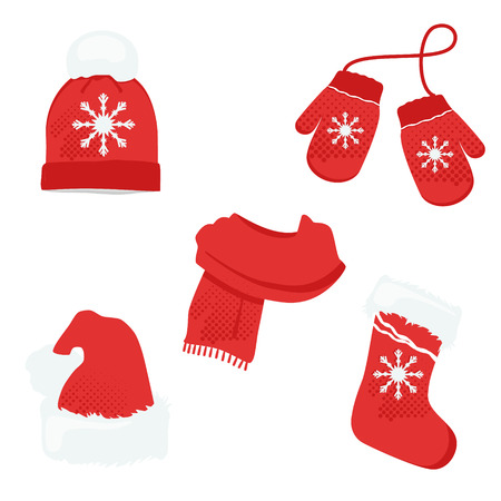 Red winter clothes with snowflake. Knitted hat, Santa hat, sock, scarf and mittens.のイラスト素材