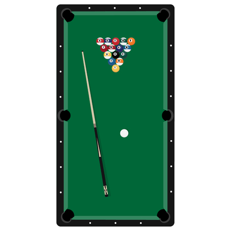 Raster illustration realistic pool table with set of billiard balls and cue. Billiard table with...