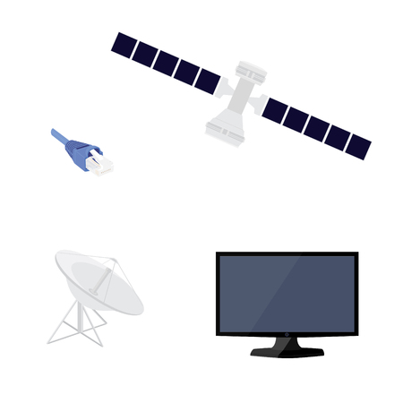 Raster illustration satellite, dish antenna, new modern lcd TV monitor and cable.  Icon set.の写真素材