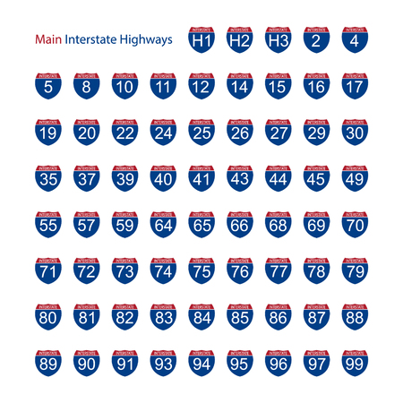 Raster illustration interstate main highway road sign icon  set, collection isolated on white background