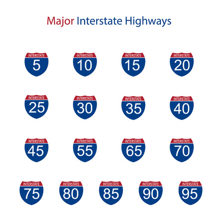 Raster illustration interstate major highway road sign icon  set, collection isolated on white background