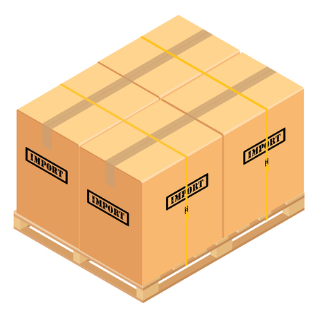 Boxes on wooden pallet. |Warehouse cardboard parcel boxes stack wooden pallet isometric 3d vector illustration.のイラスト素材