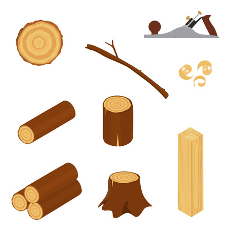 Materials for wood industry. Tree lumber, trunk. Vector pictures set in cartoon style. Wooden trunk, ilustration of firewood materialのイラスト素材