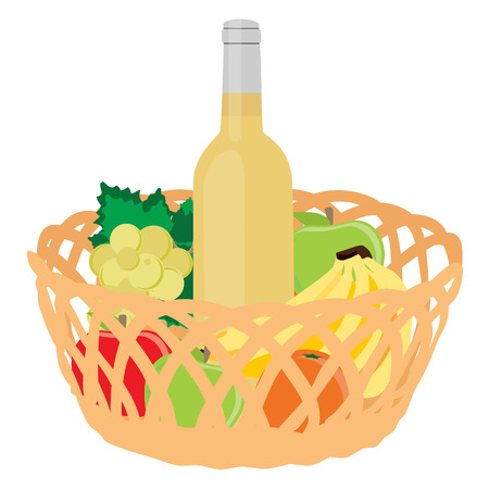 Vector illustration wicker basket with fruits banana, apple, pear, orange and white wine bottle isolated on white background. Fruit basketのイラスト素材