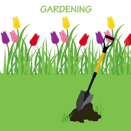 Concept of gardening. Garden tools. Banner with summer garden landscape. Vector illustration.のイラスト素材