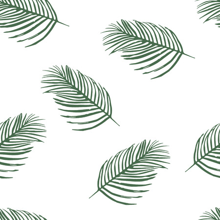Green palm tree leaves silhouette on white background. Raster seamless pattern, background with tropical plants.の写真素材