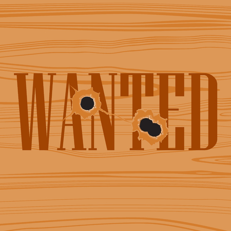 Bullet holes and text wanted banner, wallpaper, poster design. Isolated on wooden background. raster illustration, eps 10.の写真素材