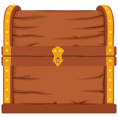 Vector icons with cartoon closed  brown wooden pirate chest with golden metal stripes and old padlock on white backgroundのイラスト素材
