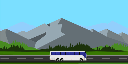 White tourist bus driving on the road vector illustration. Mountain landscape or background. Bus travel road. Bus highwayのイラスト素材