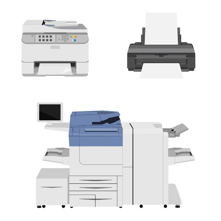 Office multifunction printer scanner. Copier paper isolated on background. Copy machine and printers. Documents. Vector cartoon illustration. Flat designのイラスト素材