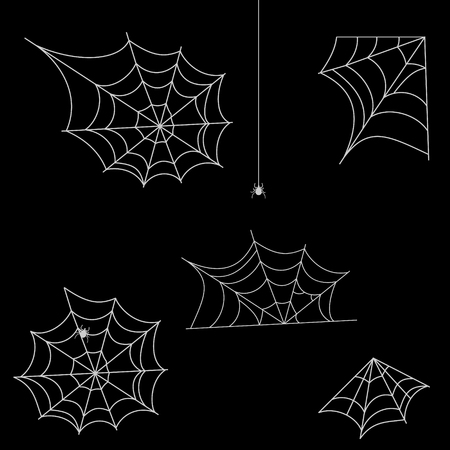 Collection of Cobweb, isolated on black background. Spiderweb for Halloween design. Spider web elements,spooky, scary, horror halloween decor. Silhouette, vector illustrationのイラスト素材