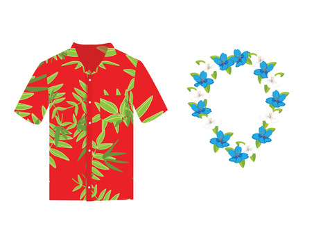 Vector illustration Hawaiian aloha shirt with flower wreath, necklace. Hawaii shirt aloha beach male cloth. Hawaii shirt adult clothing pattern design and modern flat hawaii shirt textile.のイラスト素材