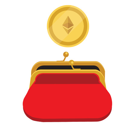Ethereum wallet concept. Golden ethereum coin red purseのイラスト素材