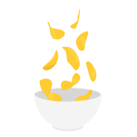 Falling tasty potato chips in a bowl isolated on white background. Fast food party foodのイラスト素材